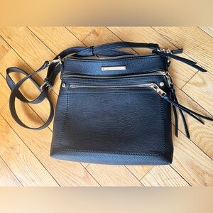 Poppy & Peonies Black Pebbled Leather Crossbody Bag w/ Triple Zip